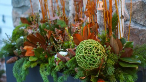 Boston winter window box filled with evergreen boughs, magnolia leaves, birch branches, pinecones, white berries, and seasonal accents.